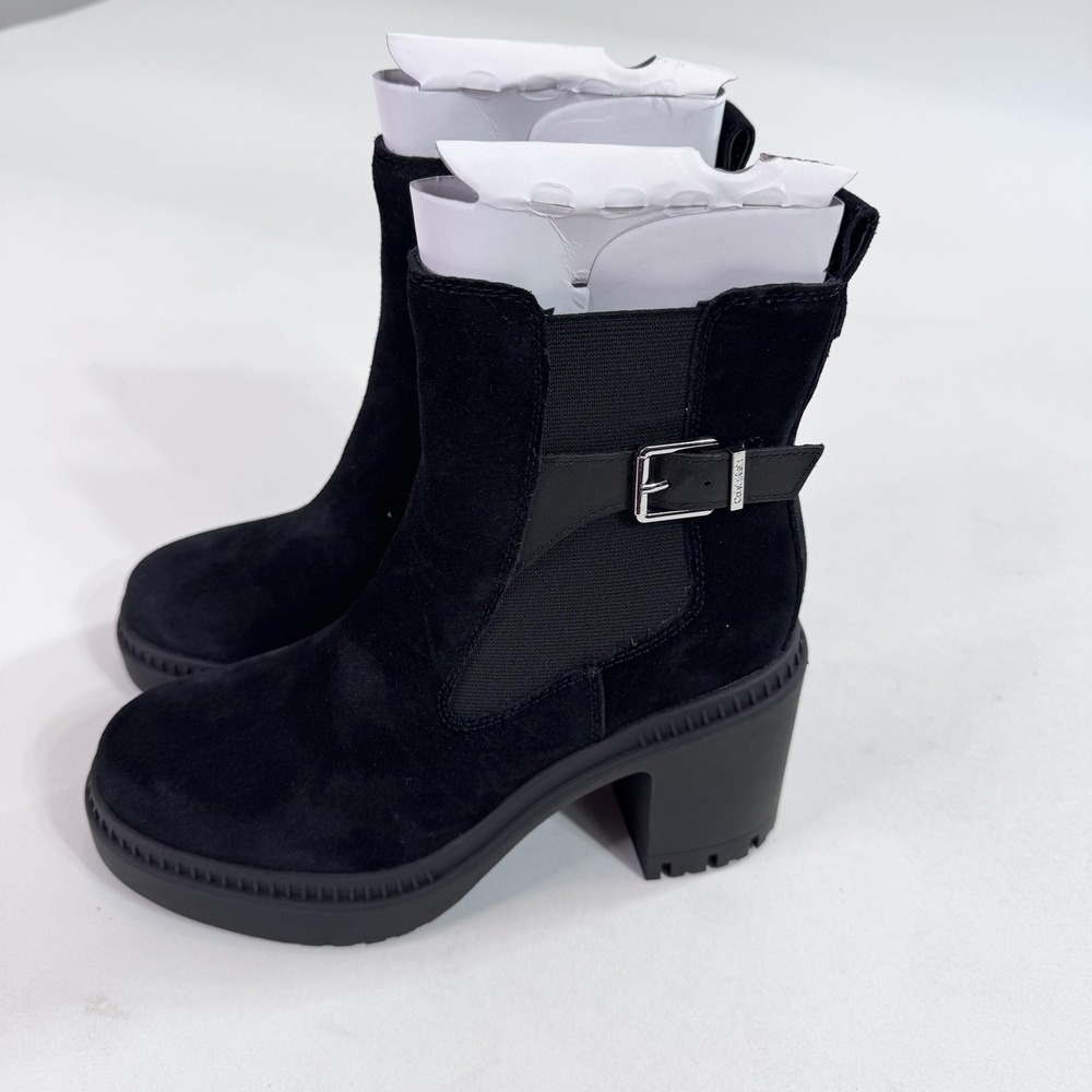 Calvin Klein Boots Womens Size 7.5 Black Suede Chelsea Ankle Block Heel Lug Sole - Picture 6 of 11